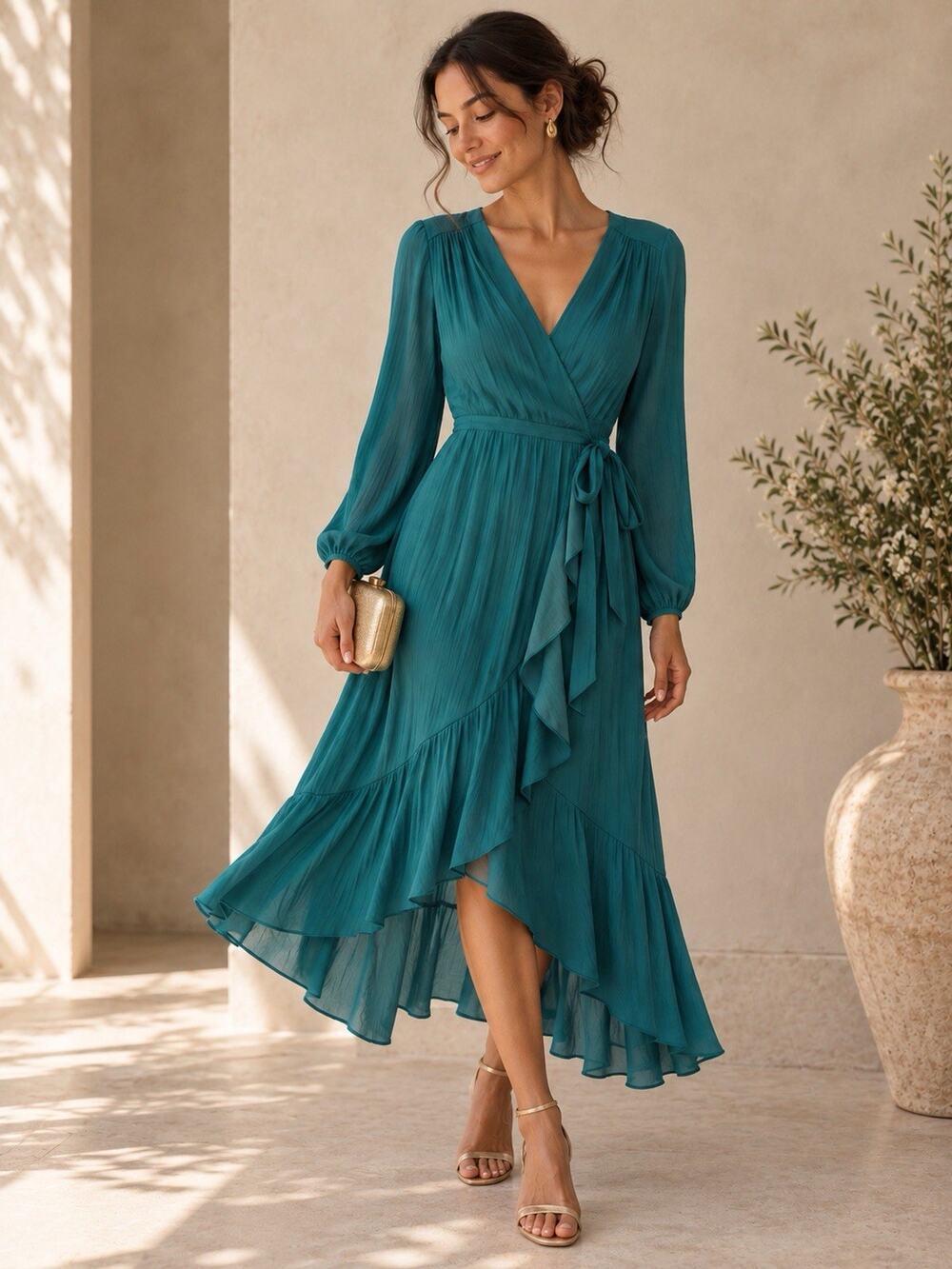 Maeve Anthropologie Dress S Teal Pleated Wrap Ruffle Maxi Wedding Guest Party
